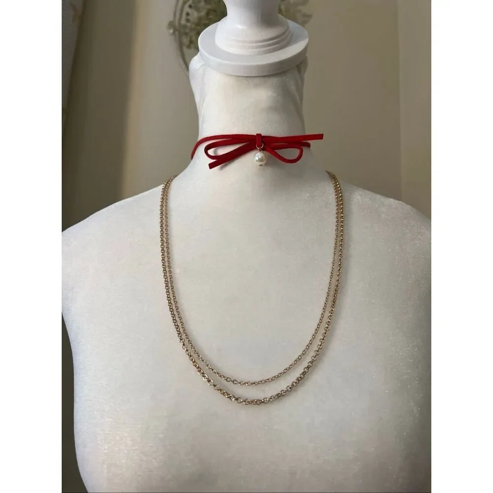 New Carisma Red Bow Choker Faux Pearl Gold Tone Double Chain Layered Necklace